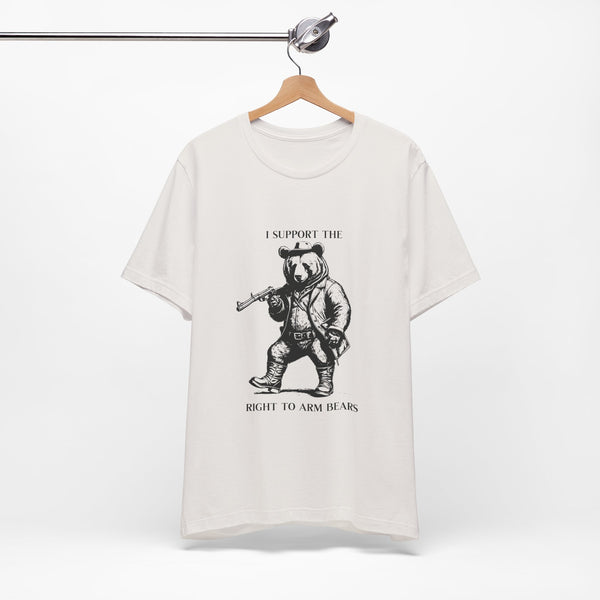 Funny 'I Support the Right to Arm Bears' Cowboy Boot Bear Graphic Tee, Quirky Western Style T-Shirt for Animal Lovers and Humor Fans