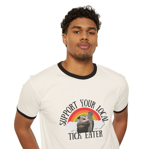 Support Your Local Tick Eater Ringer T-Shirt, Opossum Lover Retro Rainbow Tee