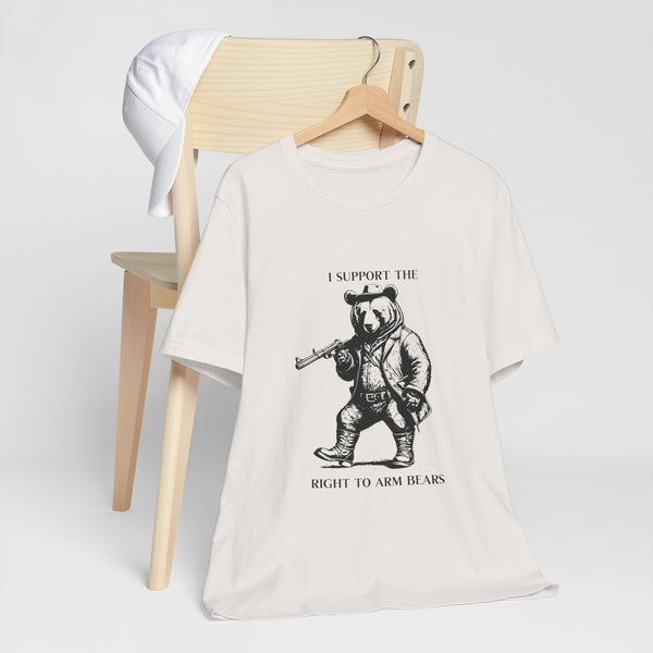 Funny 'I Support the Right to Arm Bears' Cowboy Boot Bear Graphic Tee, Quirky Western Style T-Shirt for Animal Lovers and Humor Fans