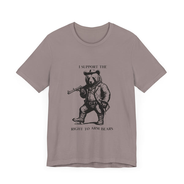 Funny 'I Support the Right to Arm Bears' Cowboy Boot Bear Graphic Tee, Quirky Western Style T-Shirt for Animal Lovers and Humor Fans