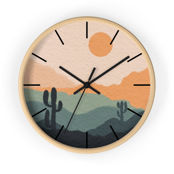 Silent Ticking Wall Clock, Rustic Desert Decor, 10" Wood or Plastic Frame, Plexiglass Southwestern Theme