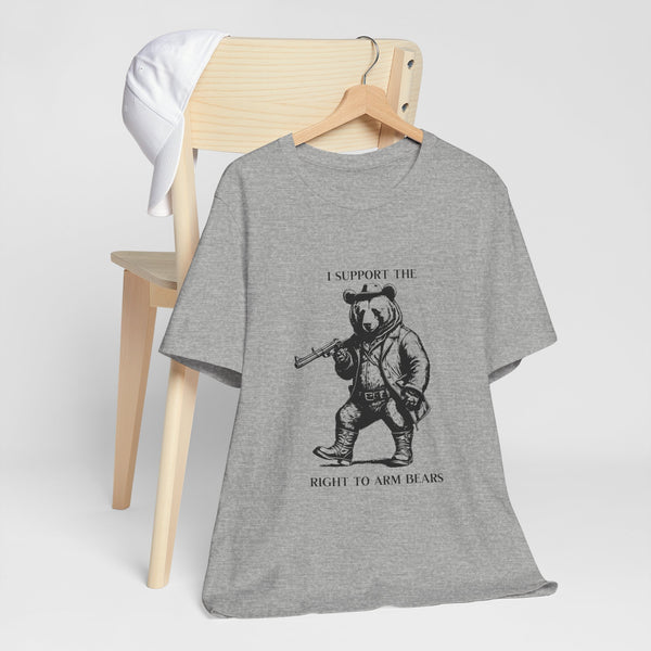 Funny 'I Support the Right to Arm Bears' Cowboy Boot Bear Graphic Tee, Quirky Western Style T-Shirt for Animal Lovers and Humor Fans