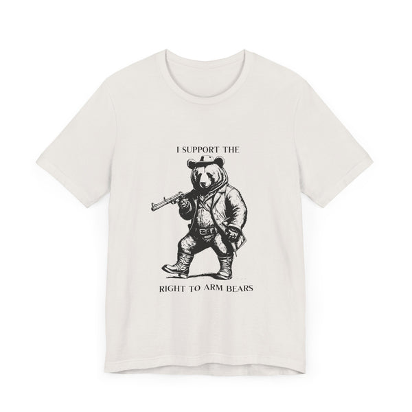 Funny 'I Support the Right to Arm Bears' Cowboy Boot Bear Graphic Tee, Quirky Western Style T-Shirt for Animal Lovers and Humor Fans