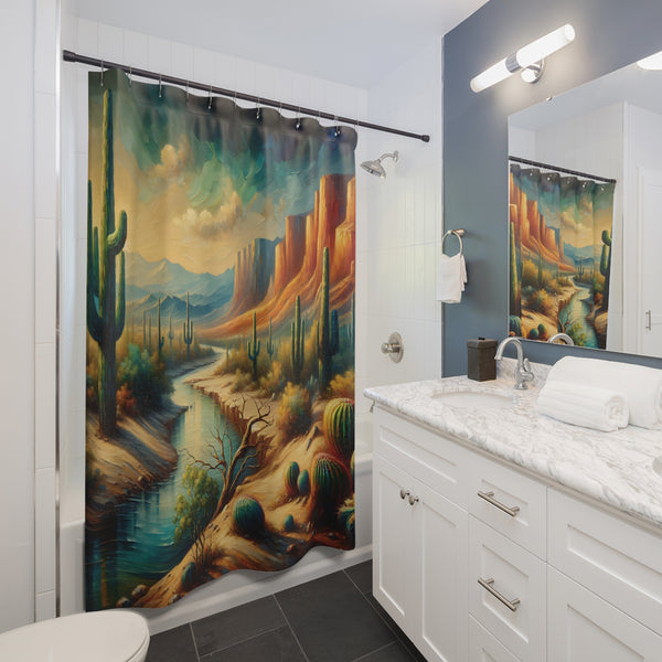 Mountain River Desert Painting Shower Curtain, Polyester Home Bathroom Decor, Landscape Scenic Nature Wilderness Artwork, Southwest