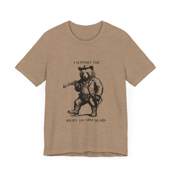 Funny 'I Support the Right to Arm Bears' Cowboy Boot Bear Graphic Tee, Quirky Western Style T-Shirt for Animal Lovers and Humor Fans