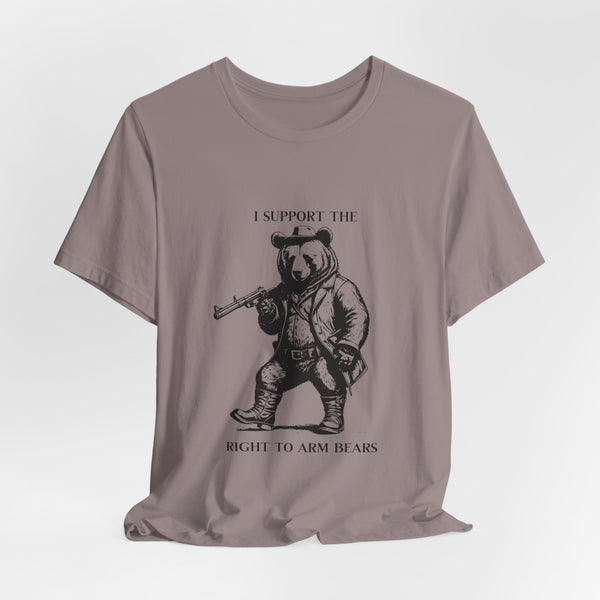 Funny 'I Support the Right to Arm Bears' Cowboy Boot Bear Graphic Tee, Quirky Western Style T-Shirt for Animal Lovers and Humor Fans