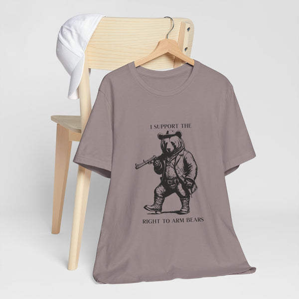 Funny 'I Support the Right to Arm Bears' Cowboy Boot Bear Graphic Tee, Quirky Western Style T-Shirt for Animal Lovers and Humor Fans