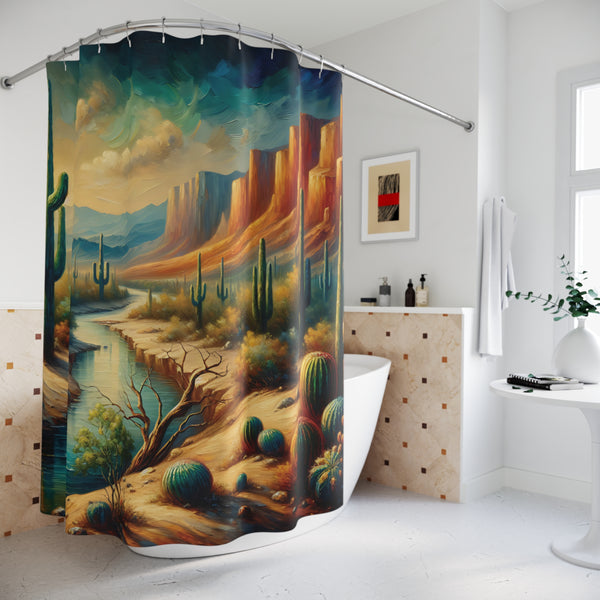 Mountain River Desert Painting Shower Curtain, Polyester Home Bathroom Decor, Landscape Scenic Nature Wilderness Artwork, Southwest