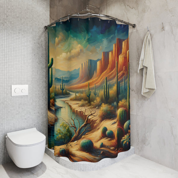 Mountain River Desert Painting Shower Curtain, Polyester Home Bathroom Decor, Landscape Scenic Nature Wilderness Artwork, Southwest