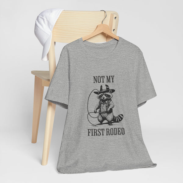 Not My First Rodeo Cowboy Raccoon Shirt, Funny Western Graphic Cotton Tee, Cute Quirky Country Style T-Shirt for Rodeo Fans & Animal Lovers