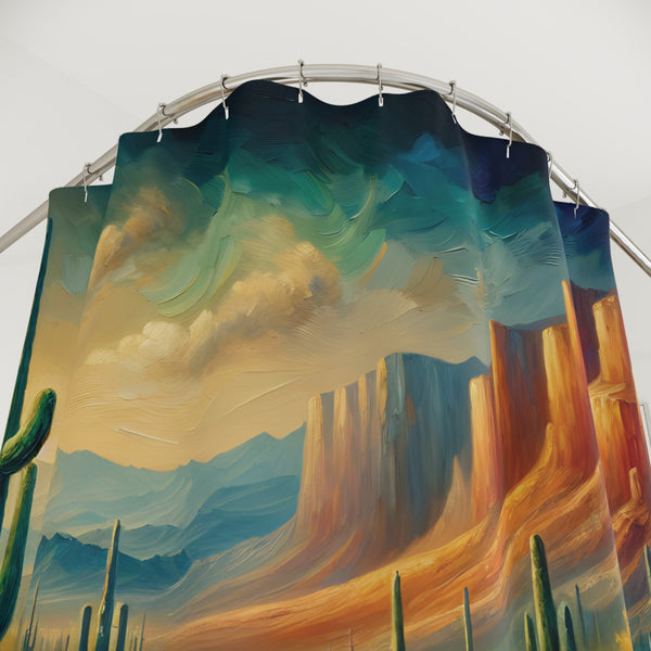 Mountain River Desert Painting Shower Curtain, Polyester Home Bathroom Decor, Landscape Scenic Nature Wilderness Artwork, Southwest