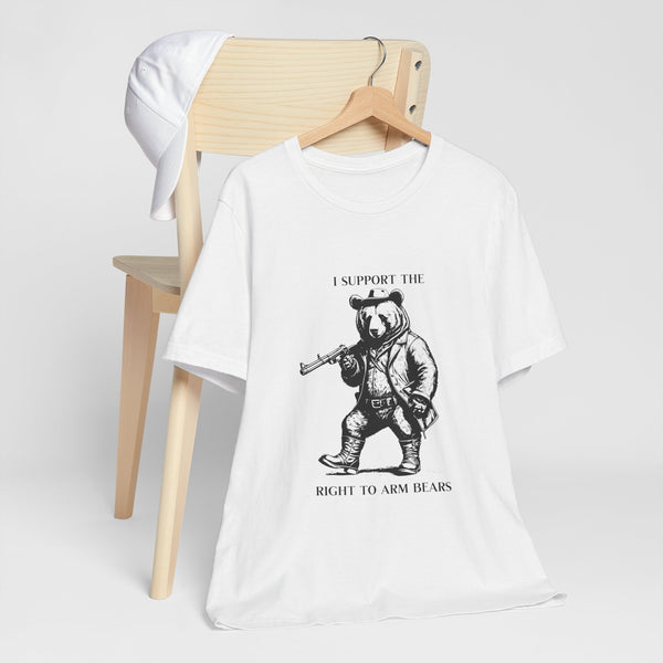 Funny 'I Support the Right to Arm Bears' Cowboy Boot Bear Graphic Tee, Quirky Western Style T-Shirt for Animal Lovers and Humor Fans