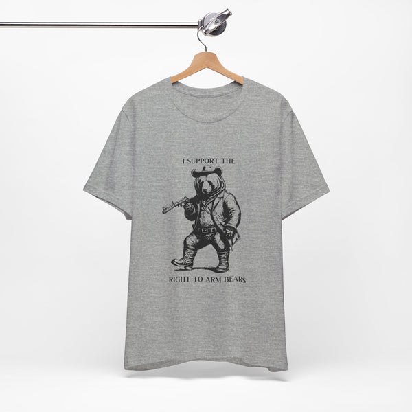 Funny 'I Support the Right to Arm Bears' Cowboy Boot Bear Graphic Tee, Quirky Western Style T-Shirt for Animal Lovers and Humor Fans