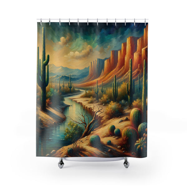 Mountain River Desert Painting Shower Curtain, Polyester Home Bathroom Decor, Landscape Scenic Nature Wilderness Artwork, Southwest