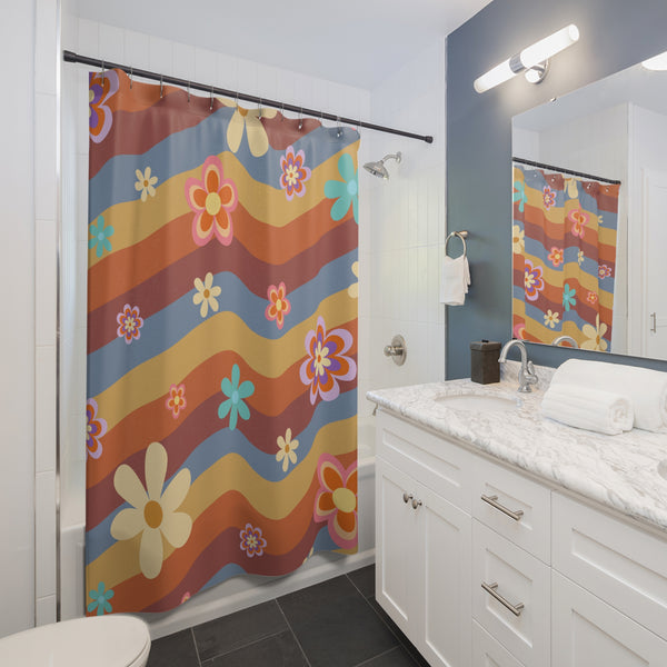Retro Floral Pastel Shower Curtain: Stylish One-Side Print, Durable 100% Polyester, Water Repellent with Buttonholes, Bathroom Decor