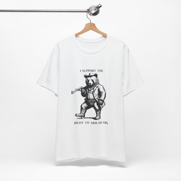 Funny 'I Support the Right to Arm Bears' Cowboy Boot Bear Graphic Tee, Quirky Western Style T-Shirt for Animal Lovers and Humor Fans