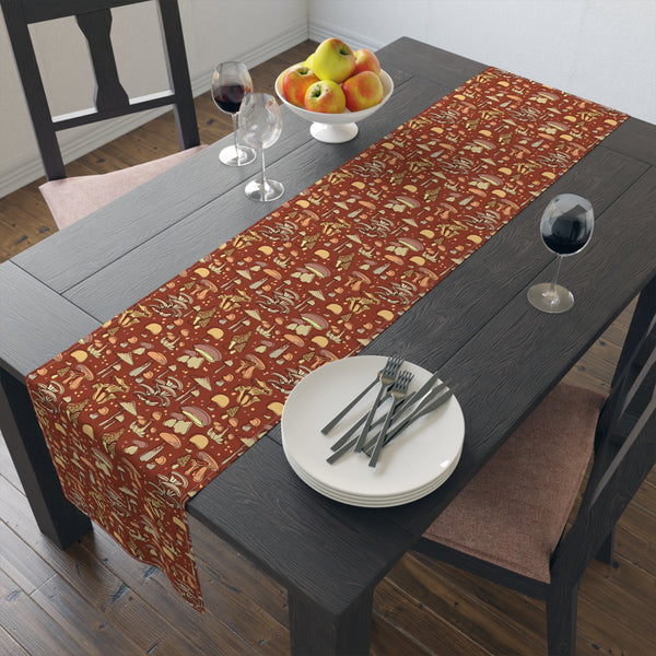 Table Runner Cotton or Poly, Groovy Brown Mushroom Print, Two Sizes