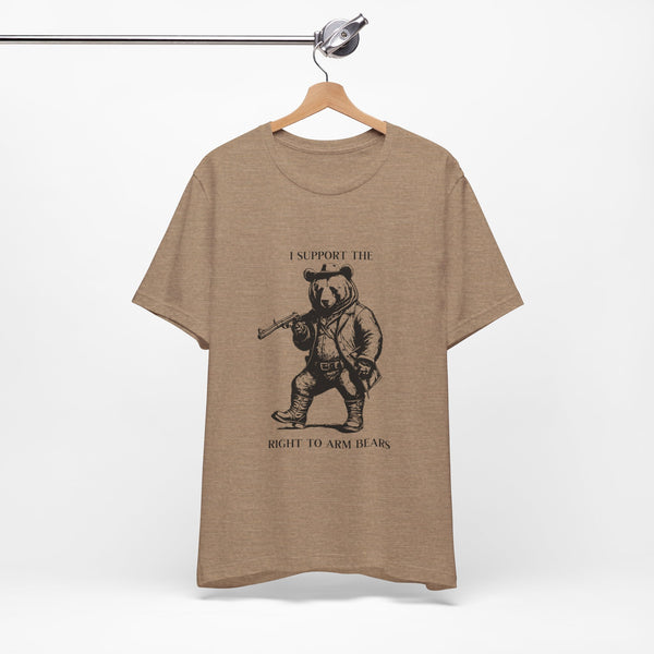 Funny 'I Support the Right to Arm Bears' Cowboy Boot Bear Graphic Tee, Quirky Western Style T-Shirt for Animal Lovers and Humor Fans