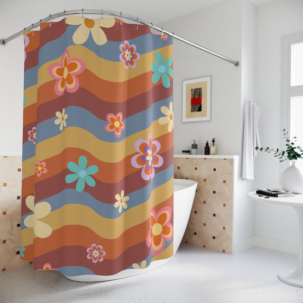 Retro Floral Pastel Shower Curtain: Stylish One-Side Print, Durable 100% Polyester, Water Repellent with Buttonholes, Bathroom Decor