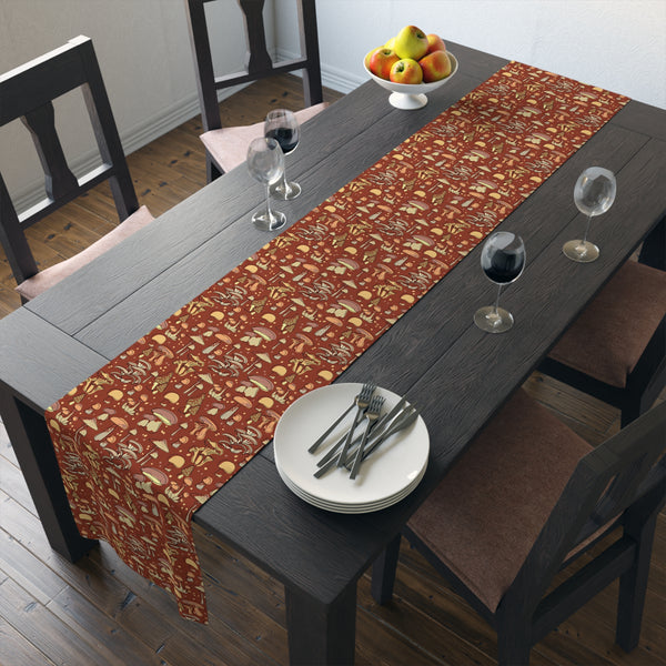 Table Runner Cotton or Poly, Groovy Brown Mushroom Print, Two Sizes