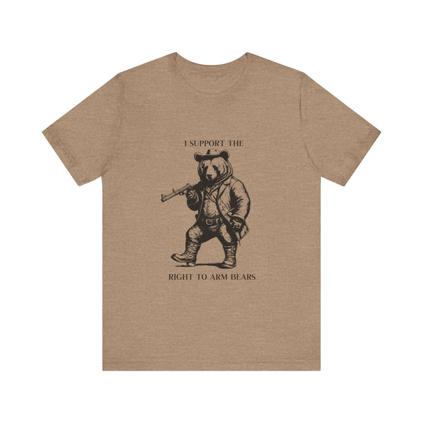 Funny 'I Support the Right to Arm Bears' Cowboy Boot Bear Graphic Tee, Quirky Western Style T-Shirt for Animal Lovers and Humor Fans