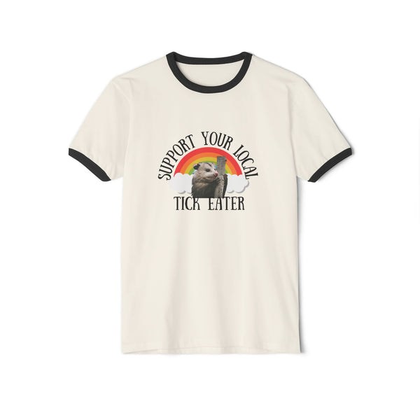 Support Your Local Tick Eater Ringer T-Shirt, Opossum Lover Retro Rainbow Tee