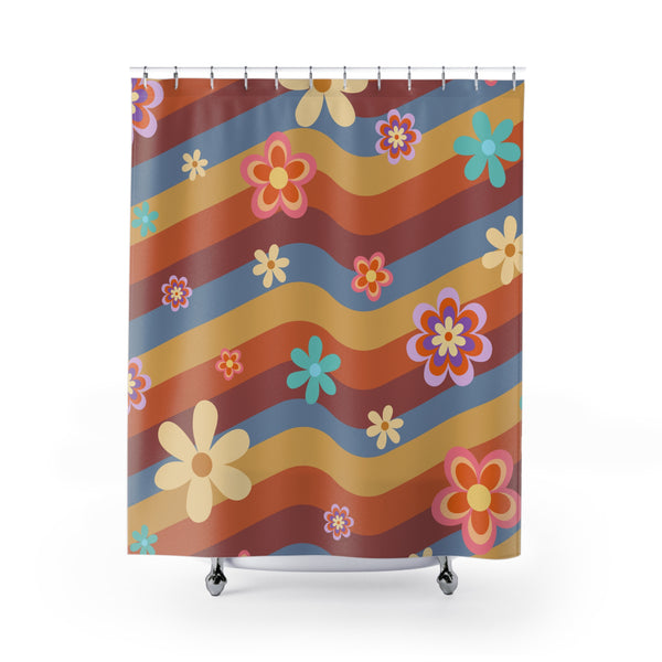 Retro Floral Pastel Shower Curtain: Stylish One-Side Print, Durable 100% Polyester, Water Repellent with Buttonholes, Bathroom Decor