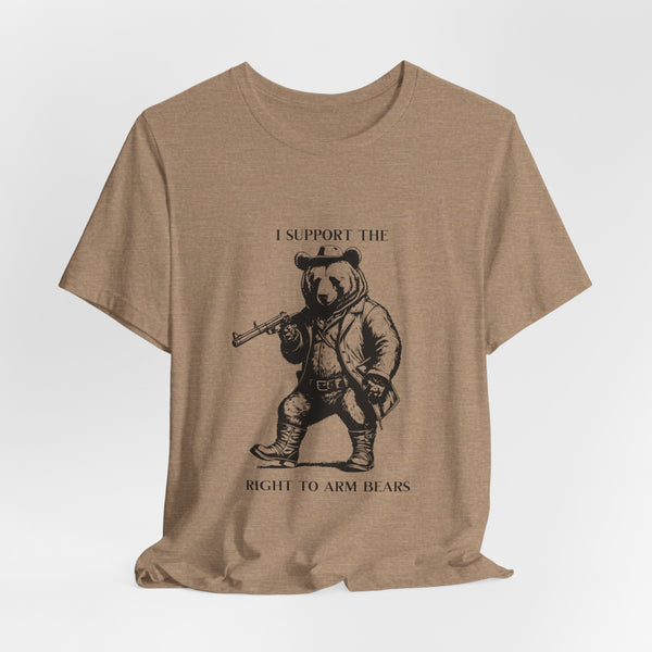 Funny 'I Support the Right to Arm Bears' Cowboy Boot Bear Graphic Tee, Quirky Western Style T-Shirt for Animal Lovers and Humor Fans