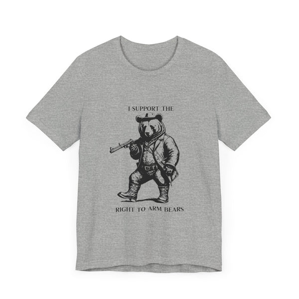 Funny 'I Support the Right to Arm Bears' Cowboy Boot Bear Graphic Tee, Quirky Western Style T-Shirt for Animal Lovers and Humor Fans