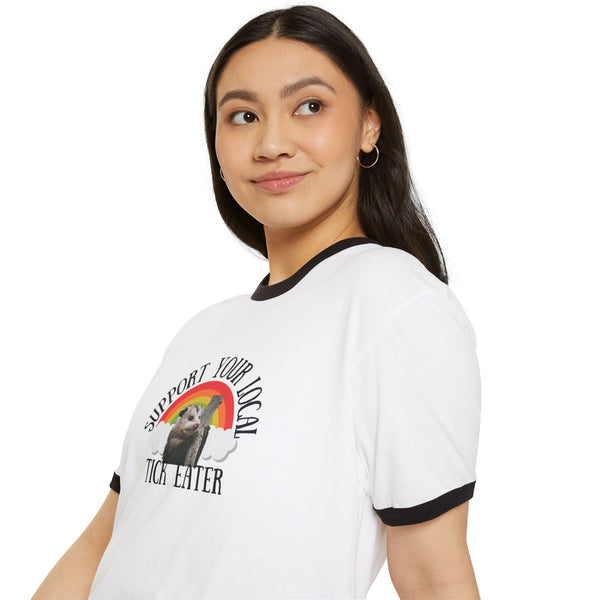 Support Your Local Tick Eater Ringer T-Shirt, Opossum Lover Retro Rainbow Tee