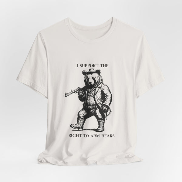 Funny 'I Support the Right to Arm Bears' Cowboy Boot Bear Graphic Tee, Quirky Western Style T-Shirt for Animal Lovers and Humor Fans