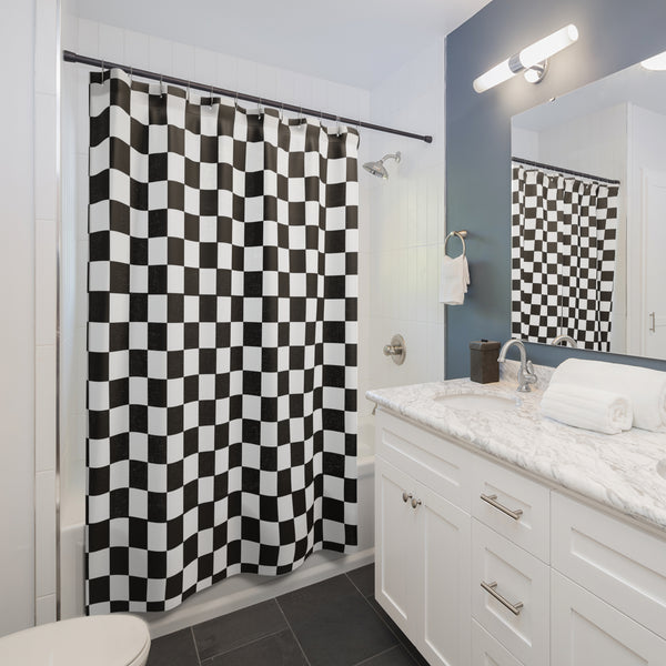 Checkered Black White Shower Curtain, Bathroom Decor Durable Polyester, Buttonholes for Hanging 71 x 74"