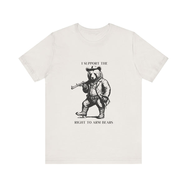Funny 'I Support the Right to Arm Bears' Cowboy Boot Bear Graphic Tee, Quirky Western Style T-Shirt for Animal Lovers and Humor Fans