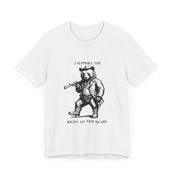 Funny 'I Support the Right to Arm Bears' Cowboy Boot Bear Graphic Tee, Quirky Western Style T-Shirt for Animal Lovers and Humor Fans