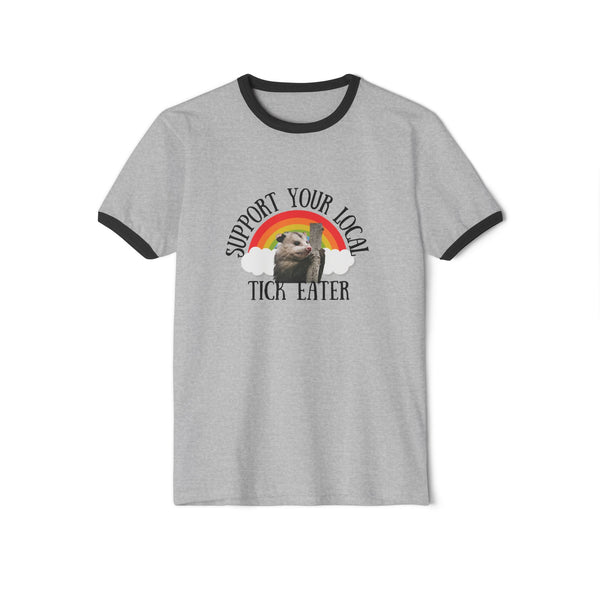 Support Your Local Tick Eater Ringer T-Shirt, Opossum Lover Retro Rainbow Tee