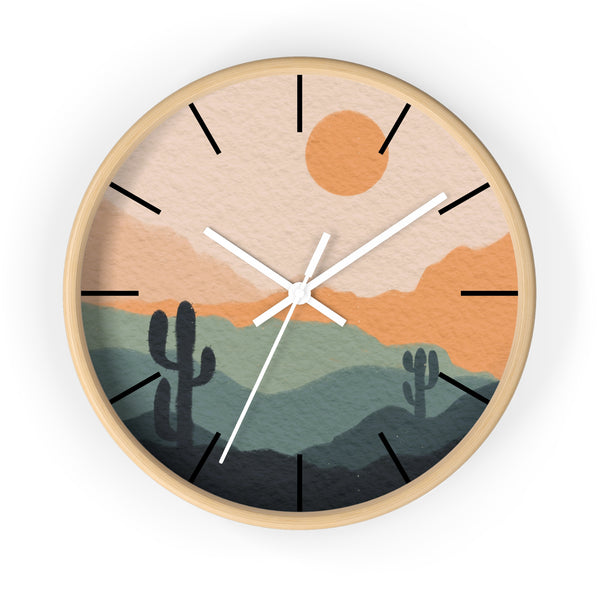 Silent Ticking Wall Clock, Rustic Desert Decor, 10" Wood or Plastic Frame, Plexiglass Southwestern Theme