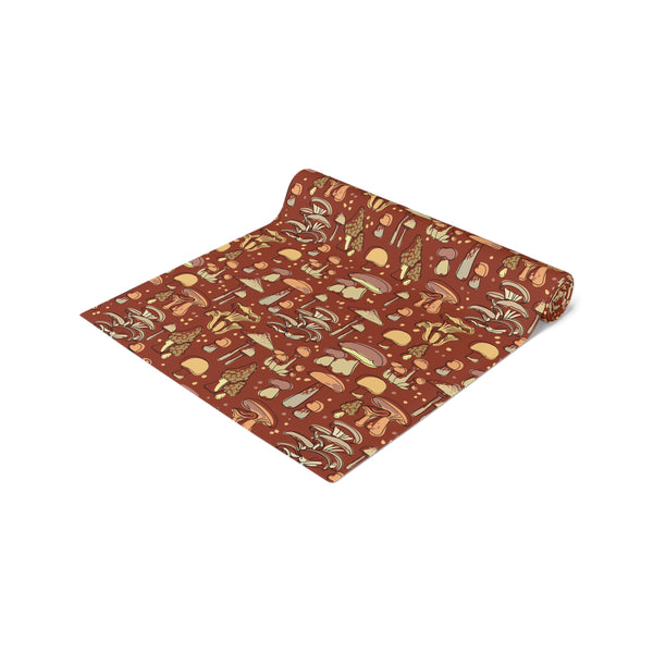 Table Runner Cotton or Poly, Groovy Brown Mushroom Print, Two Sizes