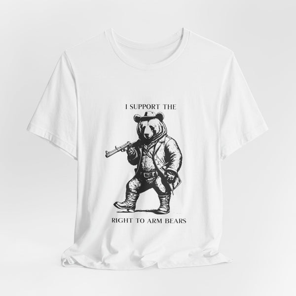 Funny 'I Support the Right to Arm Bears' Cowboy Boot Bear Graphic Tee, Quirky Western Style T-Shirt for Animal Lovers and Humor Fans