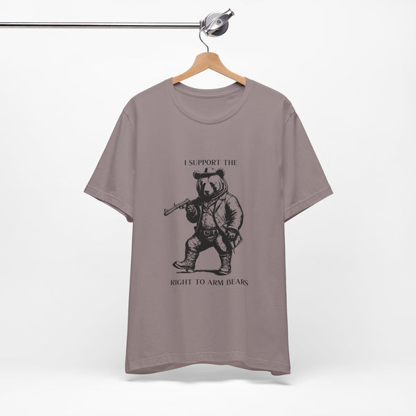 Funny 'I Support the Right to Arm Bears' Cowboy Boot Bear Graphic Tee, Quirky Western Style T-Shirt for Animal Lovers and Humor Fans