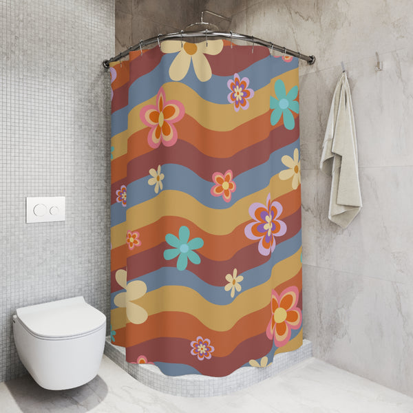 Retro Floral Pastel Shower Curtain: Stylish One-Side Print, Durable 100% Polyester, Water Repellent with Buttonholes, Bathroom Decor