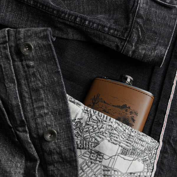Cactus Desert Stainless Steel Flask with Leather Bound Accent