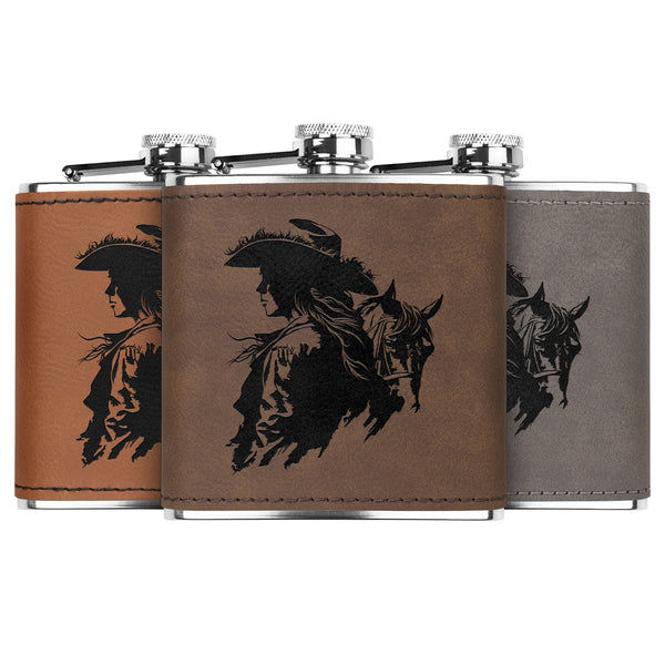 Cowgirl Horse Leather Flask Gift, Metal Flask for Her