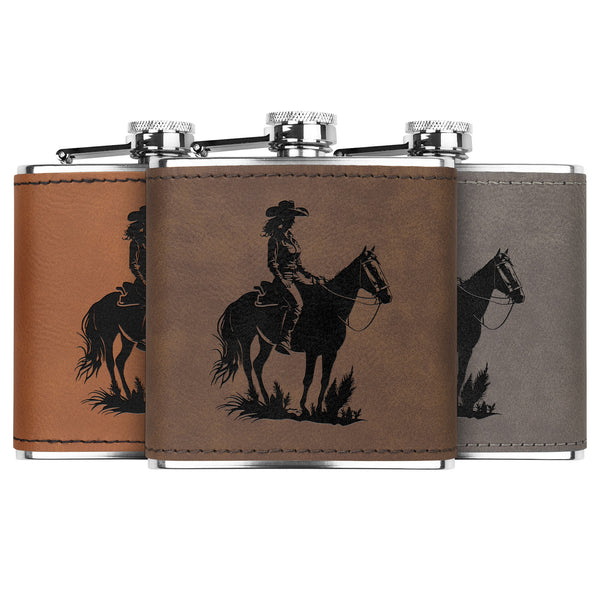 Leather Bound Flask Cowgirl on Horse Metal Flask