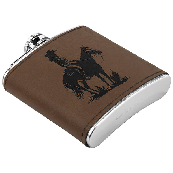 Leather Bound Flask Cowgirl on Horse Metal Flask