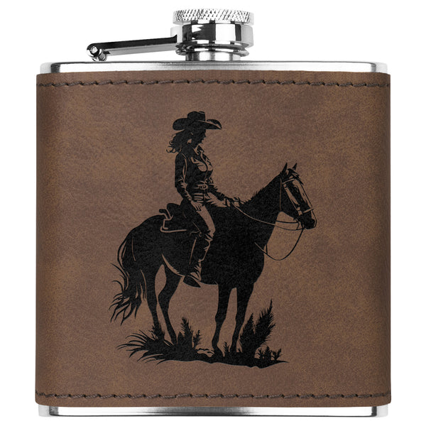 Leather Bound Flask Cowgirl on Horse Metal Flask