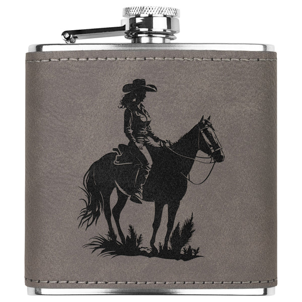 Leather Bound Flask Cowgirl on Horse Metal Flask