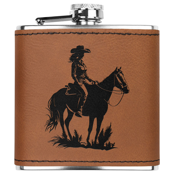Leather Bound Flask Cowgirl on Horse Metal Flask