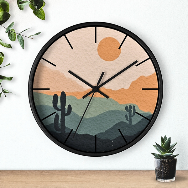 Silent Ticking Wall Clock, Rustic Desert Decor, 10" Wood or Plastic Frame, Plexiglass Southwestern Theme