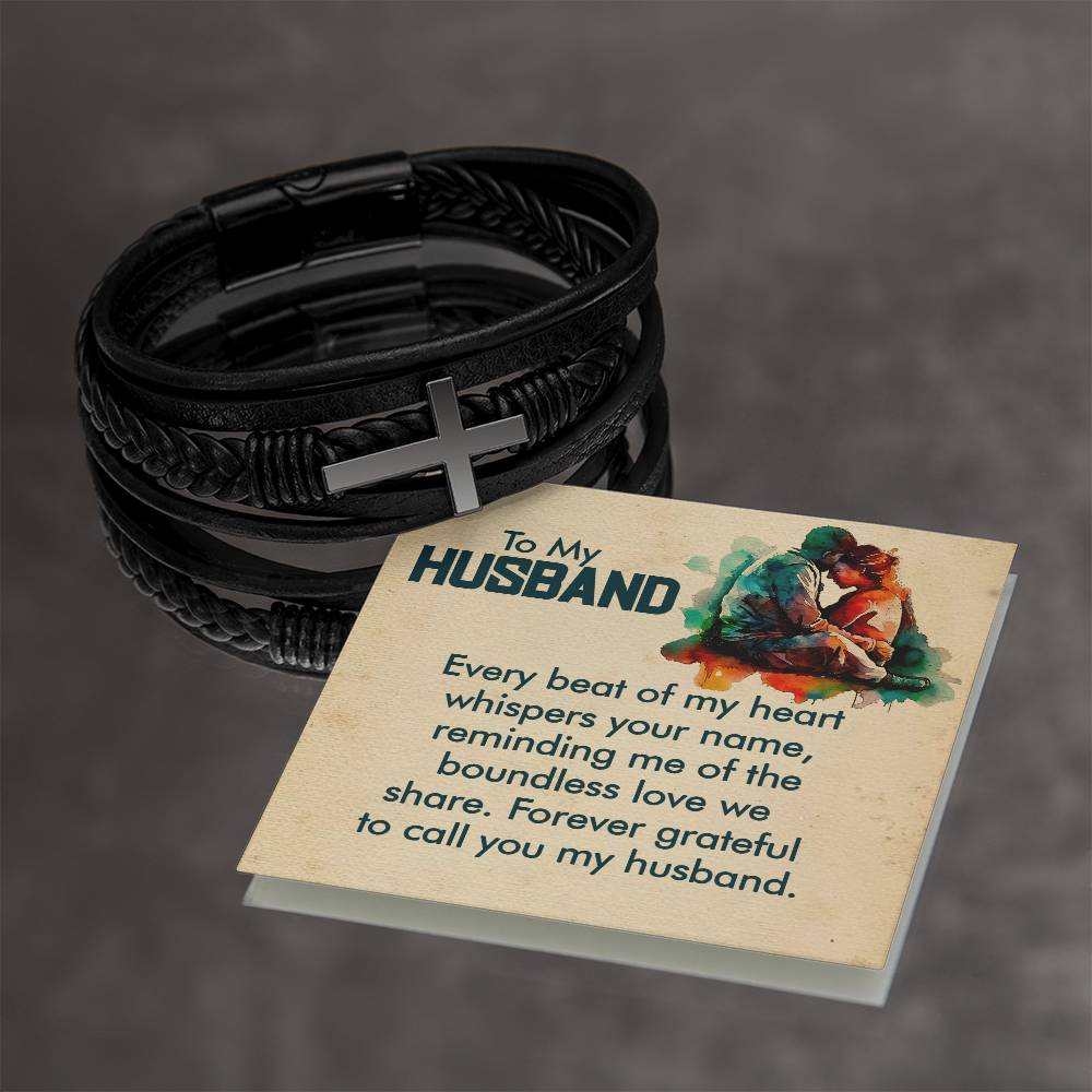 Gift to Husband from Wife Leather Cross Bracelet Gift