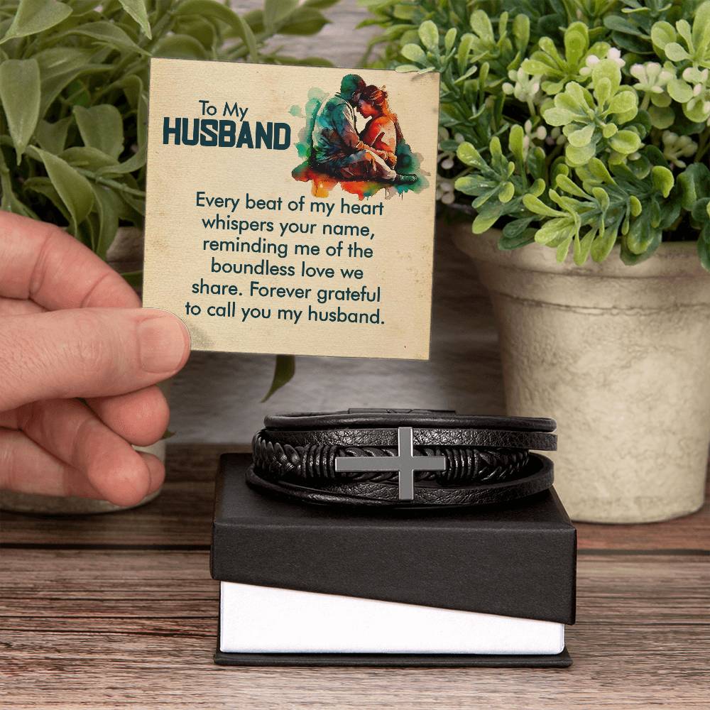 Gift to Husband from Wife Leather Cross Bracelet Gift